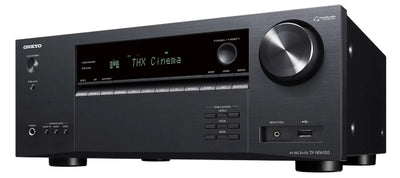 Receiver AV Onkyo TX-NR6100 negru, vedere frontală dreapta, afișaj THX Cinema, butoane și porturi vizibile.