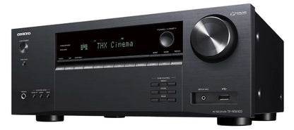 Receiver AV Onkyo TX-NR6100 negru, vedere frontală dreapta, afișaj THX Cinema, butoane și porturi vizibile.