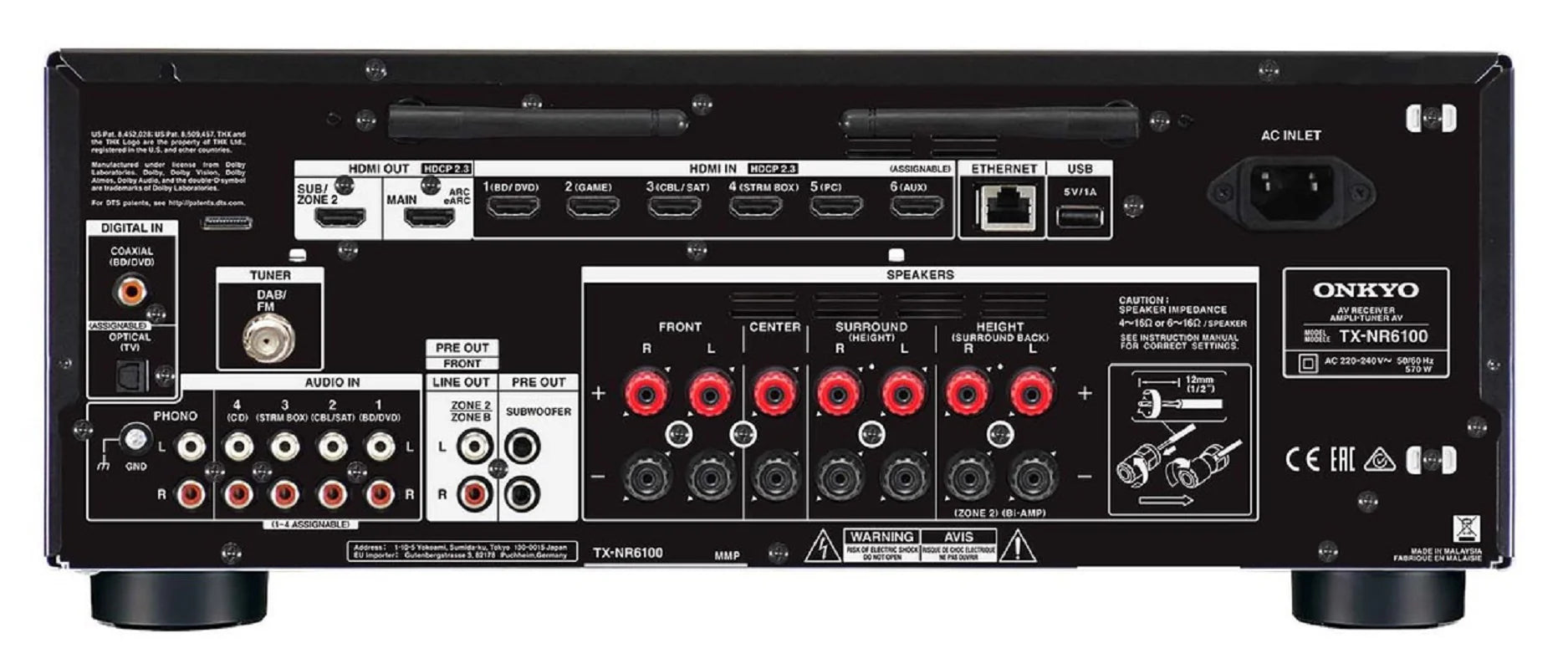 Spate Onkyo TX-NR6100 negru, conectori HDMI, USB, Ethernet, ieșiri boxe, audio in/out, tuner DAB/FM.