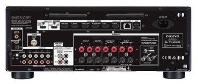Spate Onkyo TX-NR6100 negru, conectori HDMI, USB, Ethernet, ieșiri boxe, audio in/out, tuner DAB/FM.