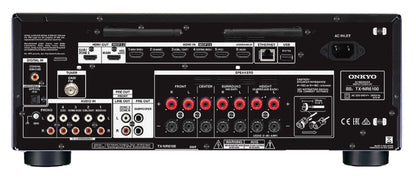 Spate Onkyo TX-NR6100 negru, conectori HDMI, USB, Ethernet, ieșiri boxe, audio in/out, tuner DAB/FM.