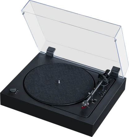 Pickup Pro-Ject A2 (2M Red) negru, vedere frontală cu capac deschis, braț, platan și selector viteză.