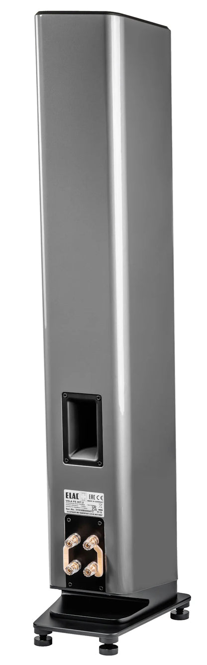 Boxă de podea Elac Vela FS 407.2 gri, vedere din spate cu port bass reflex, conectori bi-wire și placă de bază.