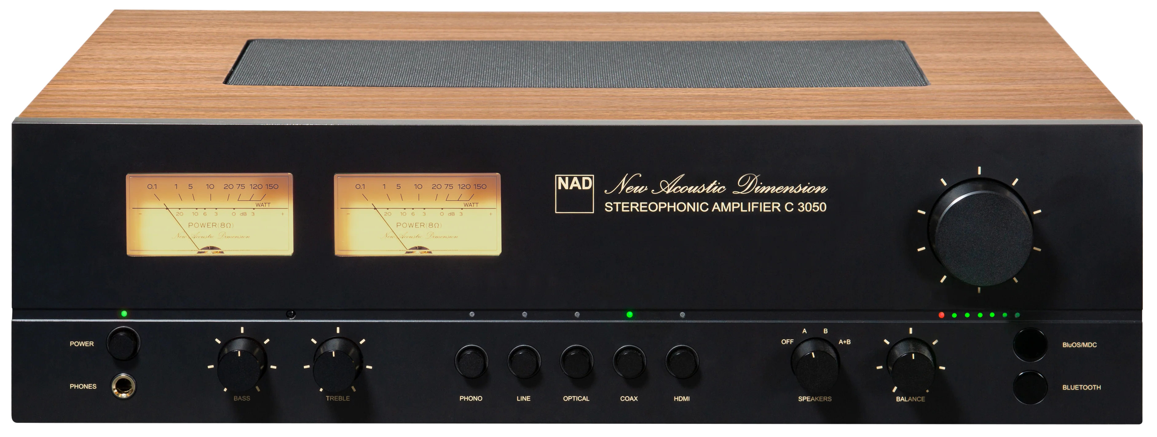 Amplificator NAD C 3050, vedere frontală, panou negru cu finisaj lemn, VU-metre, controale audio vizibile.