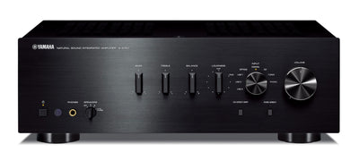 Amplificator Yamaha A-S701 negru, vedere frontală, cu butoane pentru bas, treble, balance și volum.