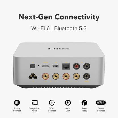 WiiM Amp Ultra Amplificator argintiu vedere spate, porturi HDMI ARC, USB, LAN, RCA, Wi-Fi 6, Bluetooth 5.3.