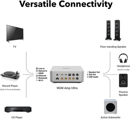 WiiM Amp Ultra vedere spate, culoare argintie, afișează porturi HDMI, USB, Ethernet, RCA, optic și jack.