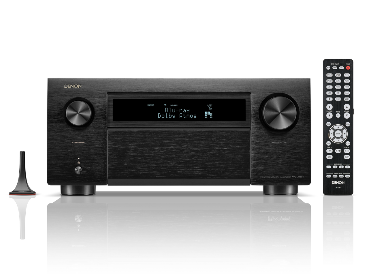 Denon AVC-A10H Receiver AV, față neagră, afișaj albastru, butoane mari, telecomandă inclusă.#color_black