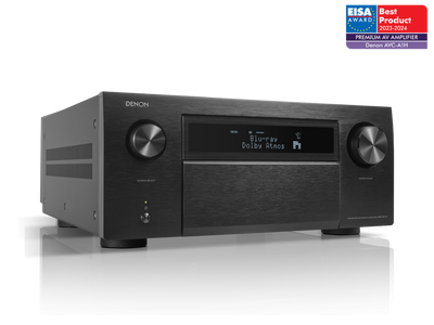 Receivor Denon AVC-A1H, vedere din față, negru, afișaj activ Dolby Atmos, butoane volum și selectare sursă.