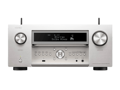 Receiver AV Denon AVC-A1H, față argintie, afișaj central cu Dolby Atmos, butoane control și intrare USB.