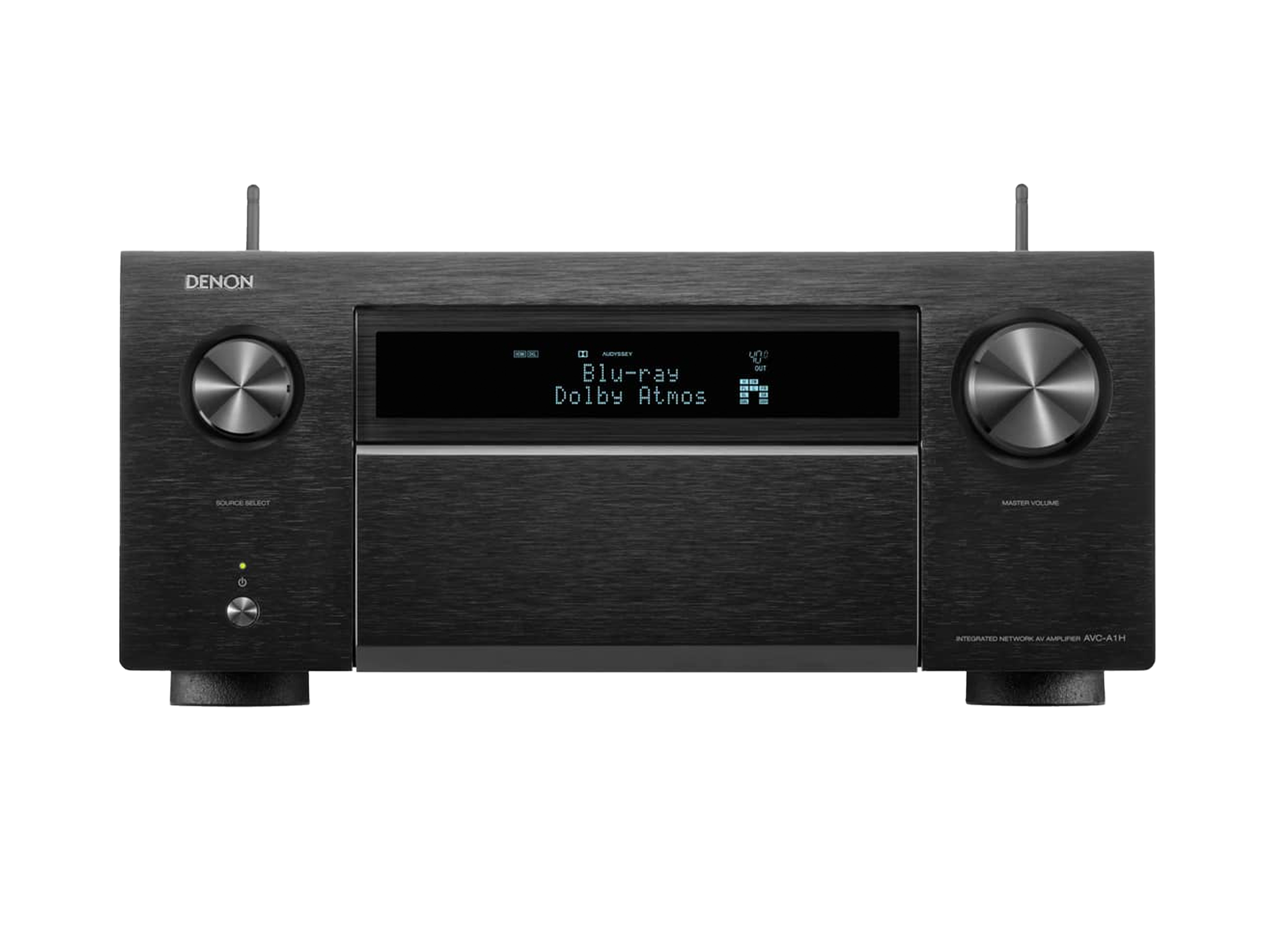 Denon AVC-A1H Receiver AV, vedere frontală, culoare neagră, afișaj digital central, butoane volum mari.#color_black