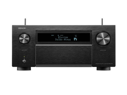 Denon AVC-A1H Receiver AV, vedere frontală, culoare neagră, afișaj digital central, butoane volum mari.