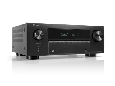 Amplificator AV Denon AVC-X2850H negru, vedere frontală stânga, afișaj activ, butoane și porturi vizibile.