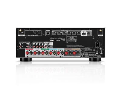 Spate Denon AVC-X2850H negru, conectori HDMI, ieșiri boxe 7.2, intrări audio RCA și optice.