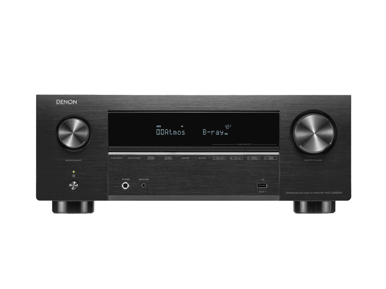 Receivor AV Denon AVC-X3800H, vedere frontală, negru, afișaj digital central, butoane mari de volum.#color_black