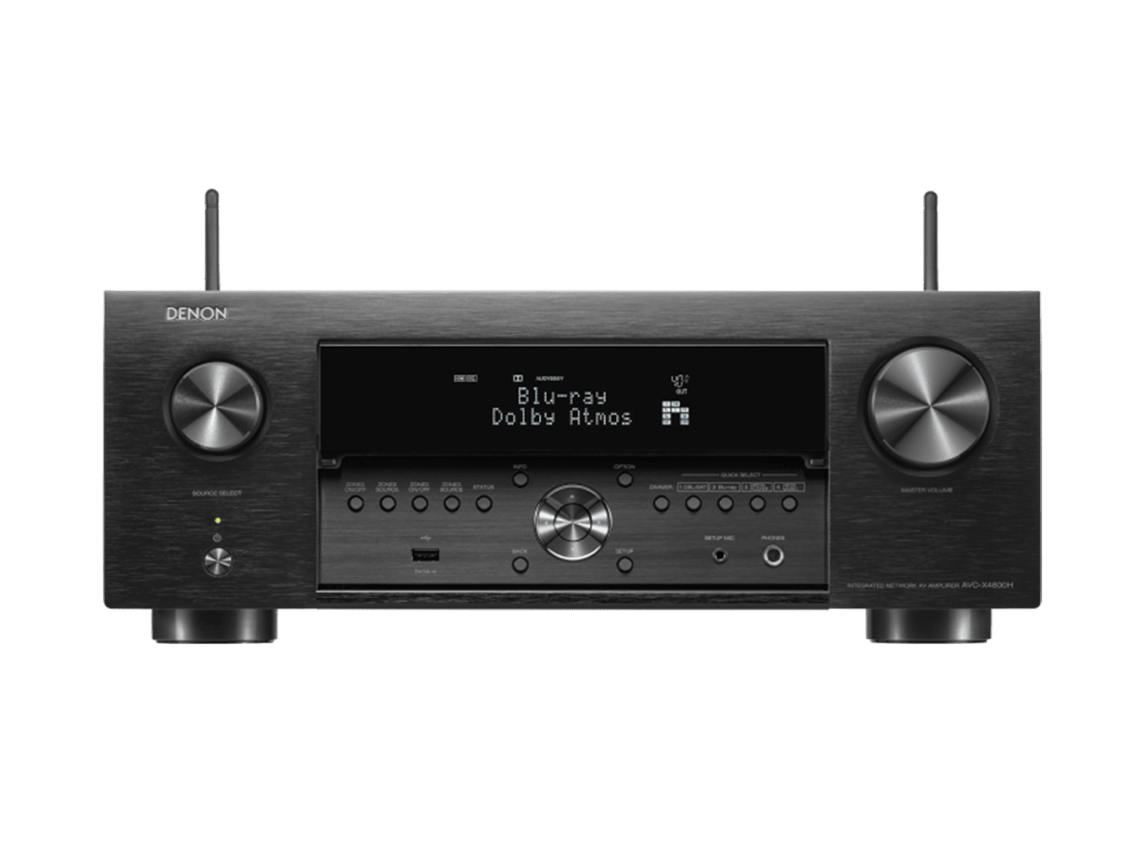 Receptor AV Denon AVC-X4800H negru, vedere frontală, afișaj Blu-ray Dolby Atmos, butoane control vizibile.#color_black