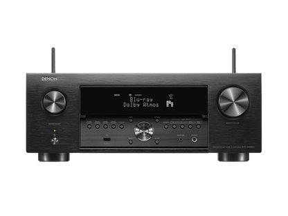 Receptor AV Denon AVC-X4800H negru, vedere frontală, afișaj Blu-ray Dolby Atmos, butoane control vizibile.