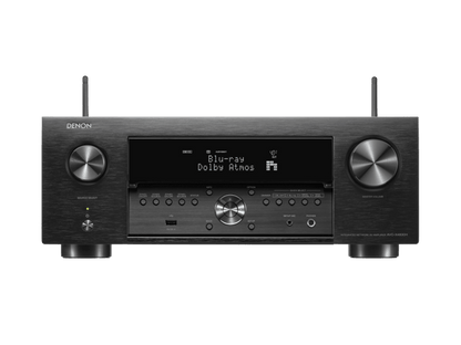 Receiver AV Denon AVC-X4800H, negru, vedere frontală, afișaj iluminat, butoane control vizibile.