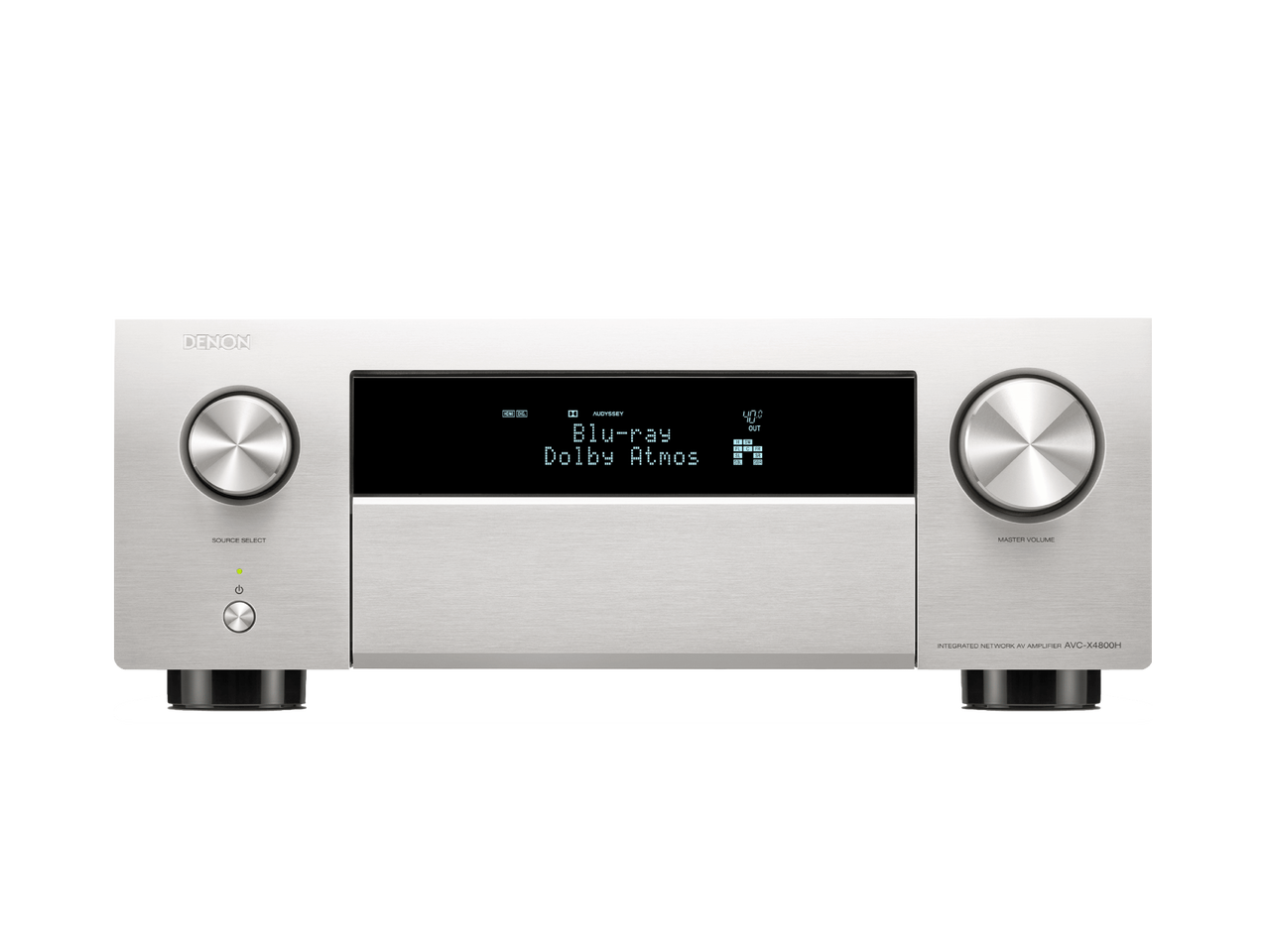 Receiver AV Denon AVC-X4800H argintiu, vedere frontală. Afișaj digital central, butoane volum și sursă.