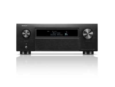 Receiver AV Denon AVC-X6800H, vedere frontală, culoare neagră, afișaj digital cu text "Dolby Atmos".