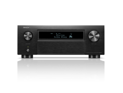 Receiver AV Denon AVC-X6800H, vedere frontală, culoare neagră, afișaj digital cu text "Dolby Atmos".