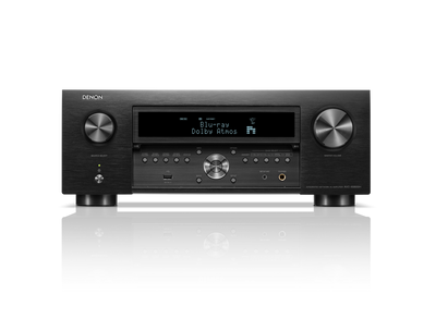 Receiver AV Denon AVC-X6800H, vedere frontală, negru, afișaj iluminat, butoane de control vizibile.