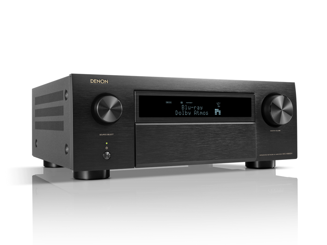 Receiver AV Denon AVC-X6800H, vedere frontală, negru, afișaj activ, butoane volum și selectare sursă.#color_black