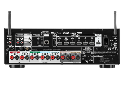 Denon AVR-S770H Receiver AV, vedere din spate, conectori HDMI, audio digital, intrări audio, antene.