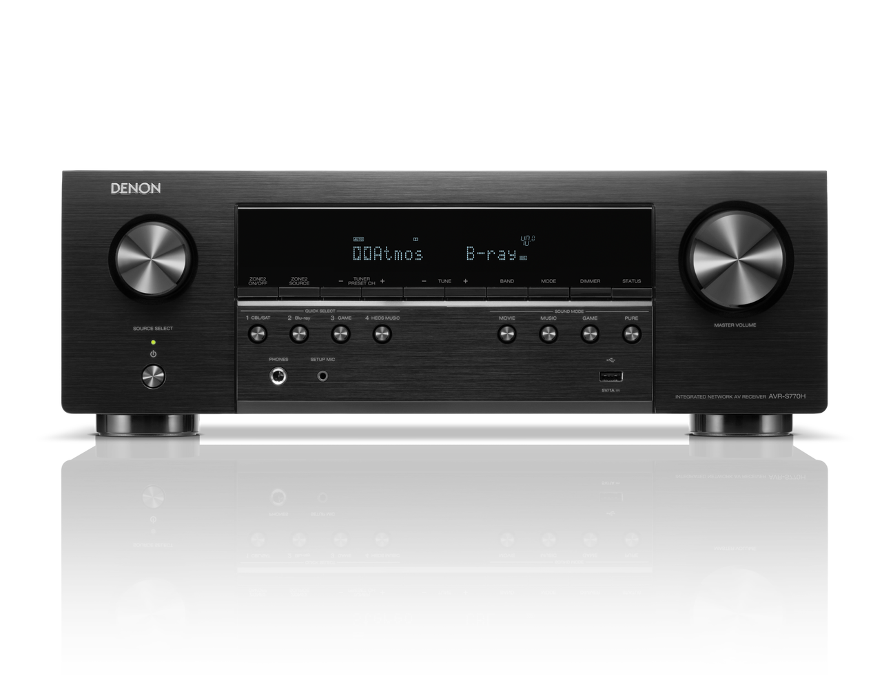 Receivor Denon AVR-S770H, vedere frontală, negru, butoane de volum mari, afișaj digital central.#color_black