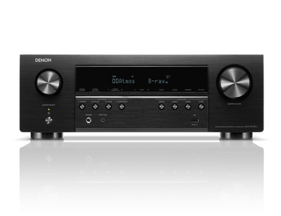 Receivor Denon AVR-S770H, vedere frontală, negru, butoane de volum mari, afișaj digital central.