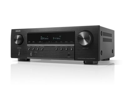 Receivatorul Denon AVR-S770H, vedere din stânga, negru, afișaj frontal cu butoane de control și volum.