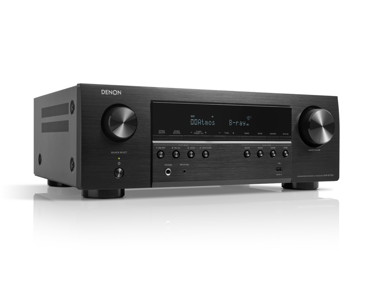 Receiver AV Denon AVR-S770H, vedere din dreapta, negru, afișaj frontal iluminat și butoane control.#color_black