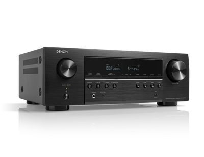 Receiver AV Denon AVR-S770H, vedere din dreapta, negru, afișaj frontal iluminat și butoane control.