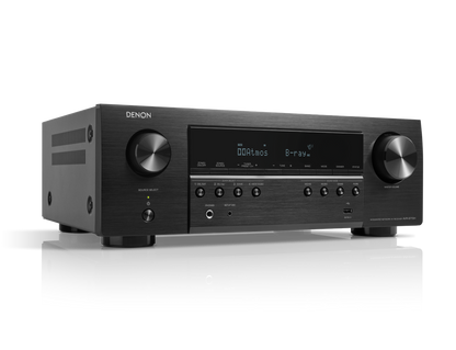 Receiver AV Denon AVR-S770H, vedere din dreapta, negru, afișaj frontal iluminat și butoane control.