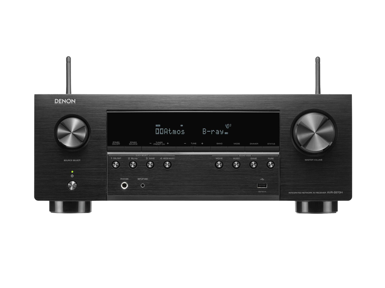 Receptor AV Denon AVR-S970H, vedere frontală, culoare neagră, butoane de volum și selectare sursă vizibile.#color_black