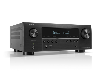 Receiver AV Denon AVR-S970H, unghi frontal stânga, culoare neagră, afișaj digital și butoane vizibile.