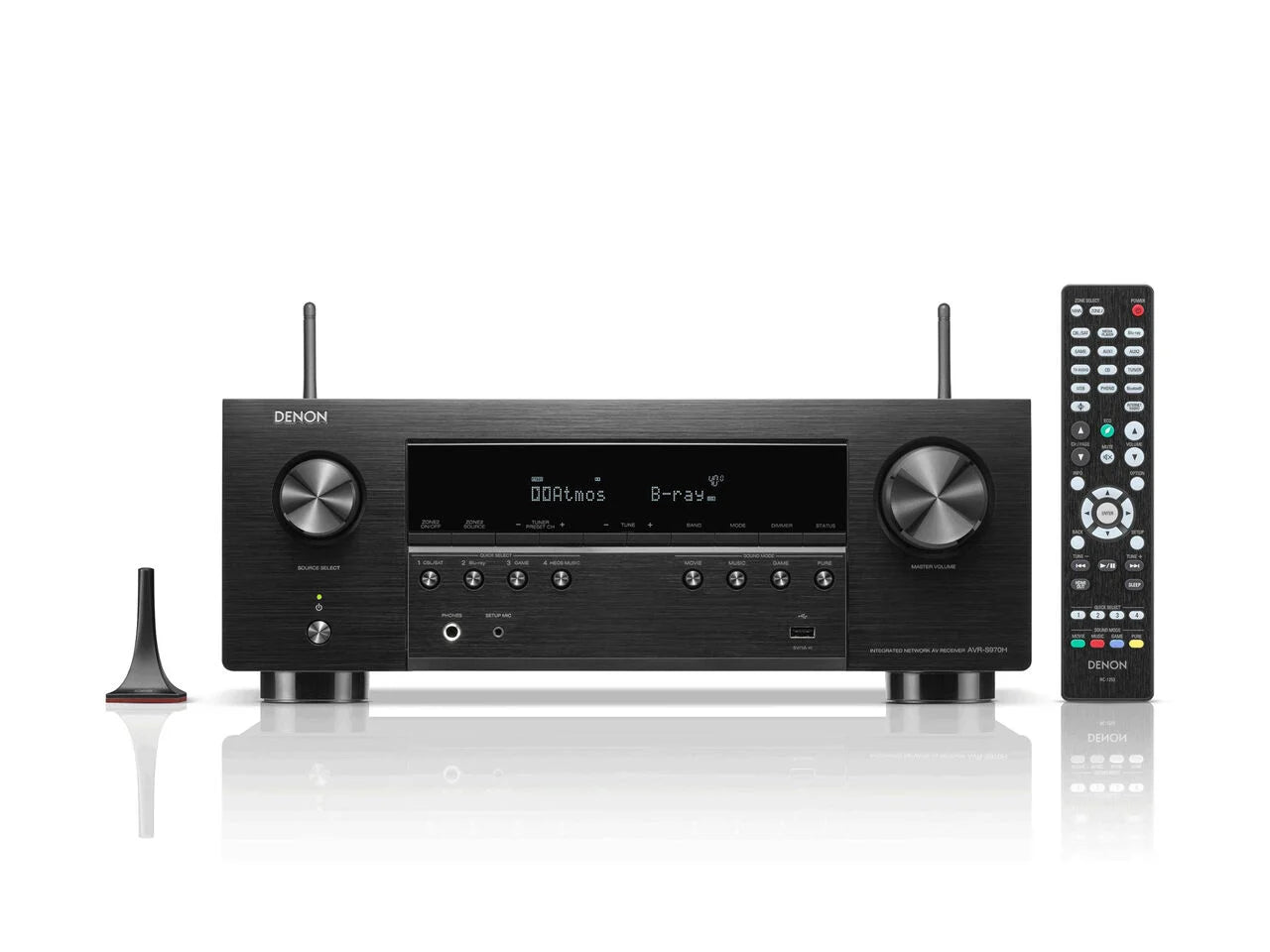 Denon AVR-S970H Receiver AV negru, vedere frontală cu afișaj digital, butoane de control și telecomandă.#color_black