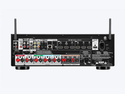 Denon AVR-X1700H Receiver AV, vedere din spate, negru. Conectori HDMI, audio, rețea și antene vizibile.