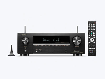 Receiver AV Denon AVR-X1700H, frontal, negru, cu afișaj digital, butoane volum mari, telecomandă inclusă.