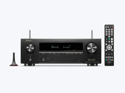 Receiver AV Denon AVR-X1700H, frontal, negru, cu afișaj digital, butoane volum mari, telecomandă inclusă.