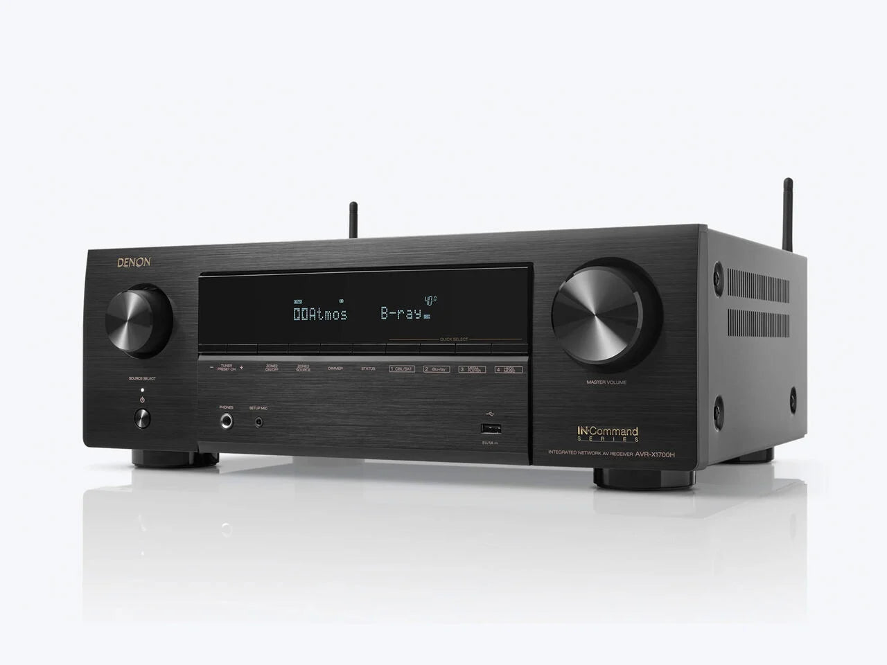 Receiver AV Denon AVR-X1700H, vedere laterală cu reflecție, culoare neagră, butoane volum și selectare sursă.#color_black