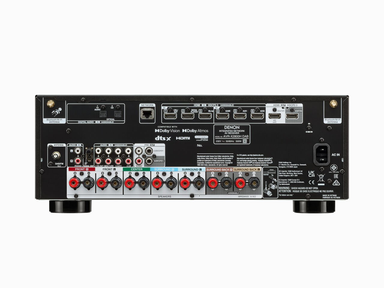 Spatele receiverului Denon AVR-X2800H DAB, conectori HDMI, ieșiri audio, porturi de rețea și antene.#color_black