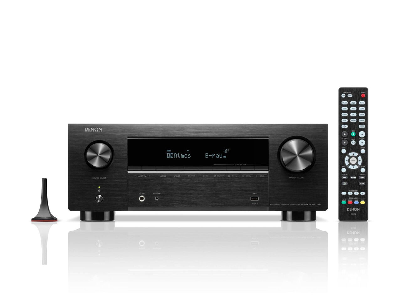 Receptor AV Denon AVR-X2800H DAB negru, vedere frontală. Afișaj digital, butoane mari, telecomandă inclusă.#color_black