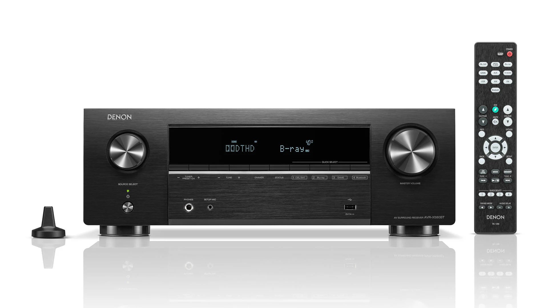 Receiver AV Denon AVR-X580BT negru, vedere frontală. Afișaj digital, butoane de control, telecomandă.#color_black