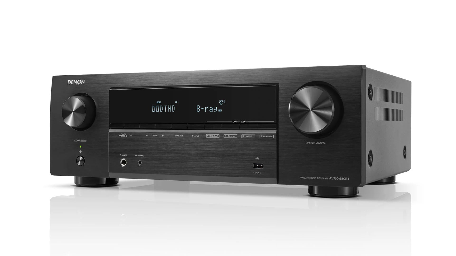 Receiver AV Denon AVR-X580BT, vedere din față, negru, afișaj digital activ, butoane mari de volum.#color_black