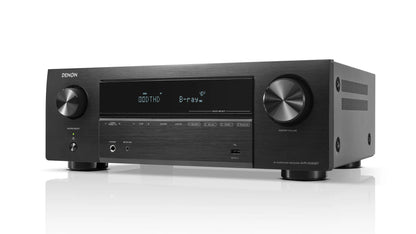 Receiver AV Denon AVR-X580BT, vedere din față, negru, afișaj digital activ, butoane mari de volum.