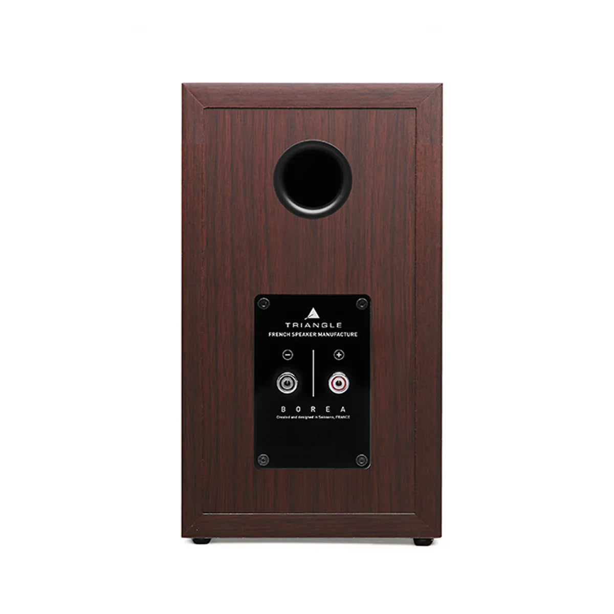 Triangle Borea BR02, vedere spate, culoare nuc, conectori audio și port bass reflex vizibile.