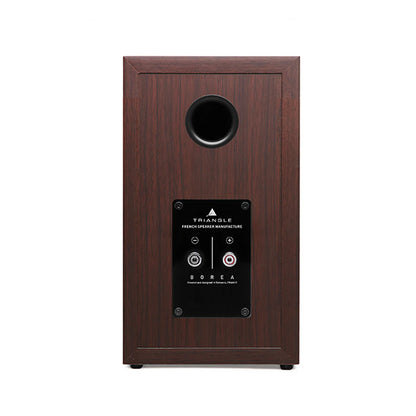 Triangle Borea BR02, vedere spate, culoare nuc, conectori audio și port bass reflex vizibile.