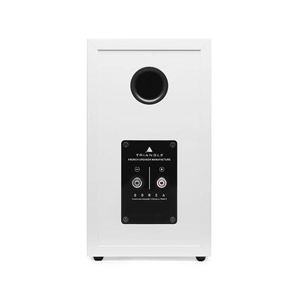 Triangle Borea BR02 spate alb, conectori audio vizibili, orificiu bas reflex în partea superioară.