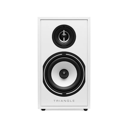 Boxa Triangle Borea BR02 albă, vedere frontală. Prezintă un tweeter și un woofer vizibile.
